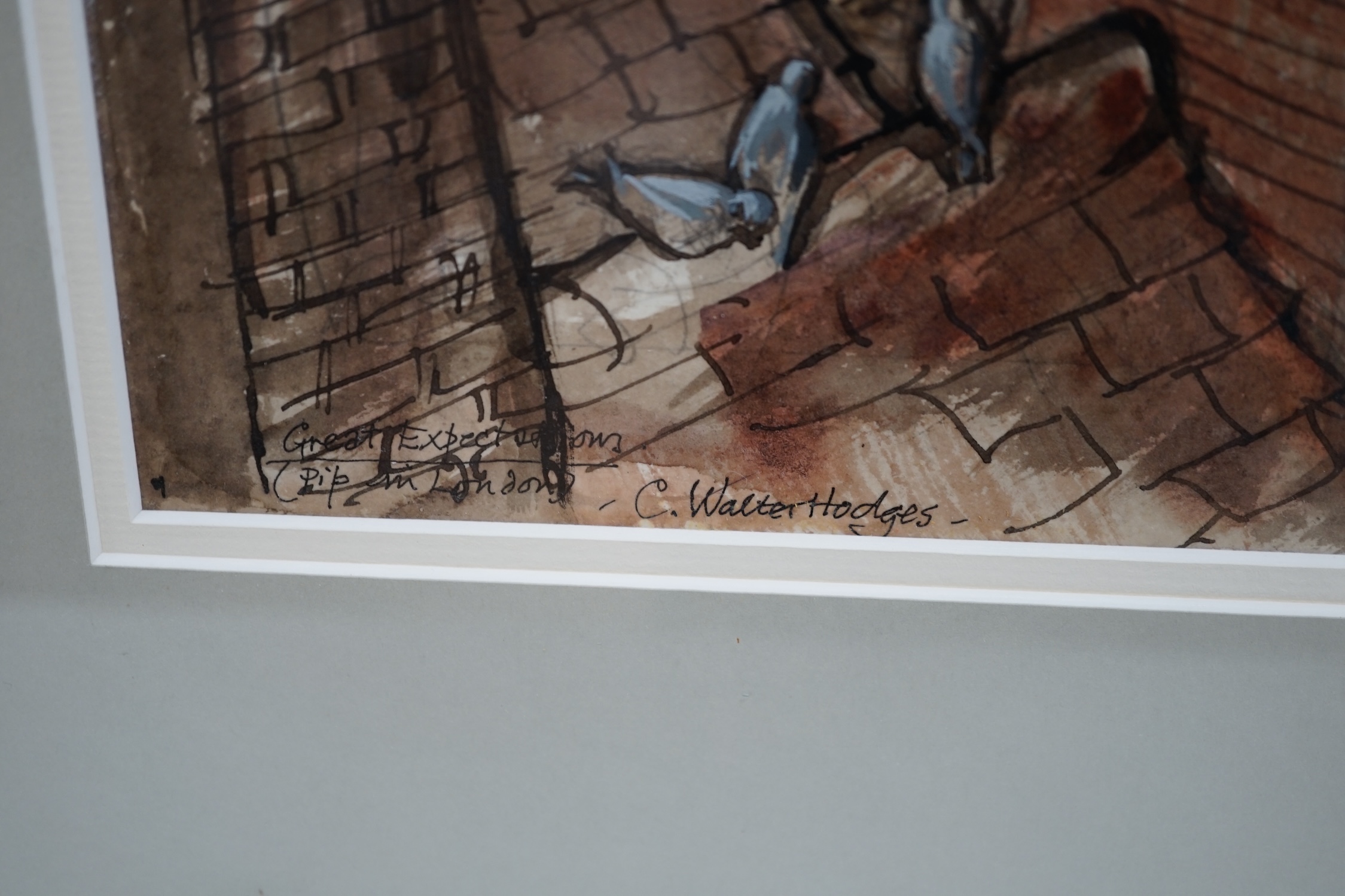 C. Walter Hodges (1909-2004), ink and watercolour illustration, 'Great Expectations’ (Pip in London), signed and inscribed, 29 x 55cm. Condition - good